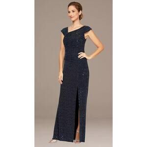 H1 Alex Evenings Navy‎ Silver Gown Womens 16 Sequin Metallic Hoco